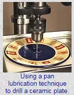 using a pan lubrication technique to drill a ceramic plate